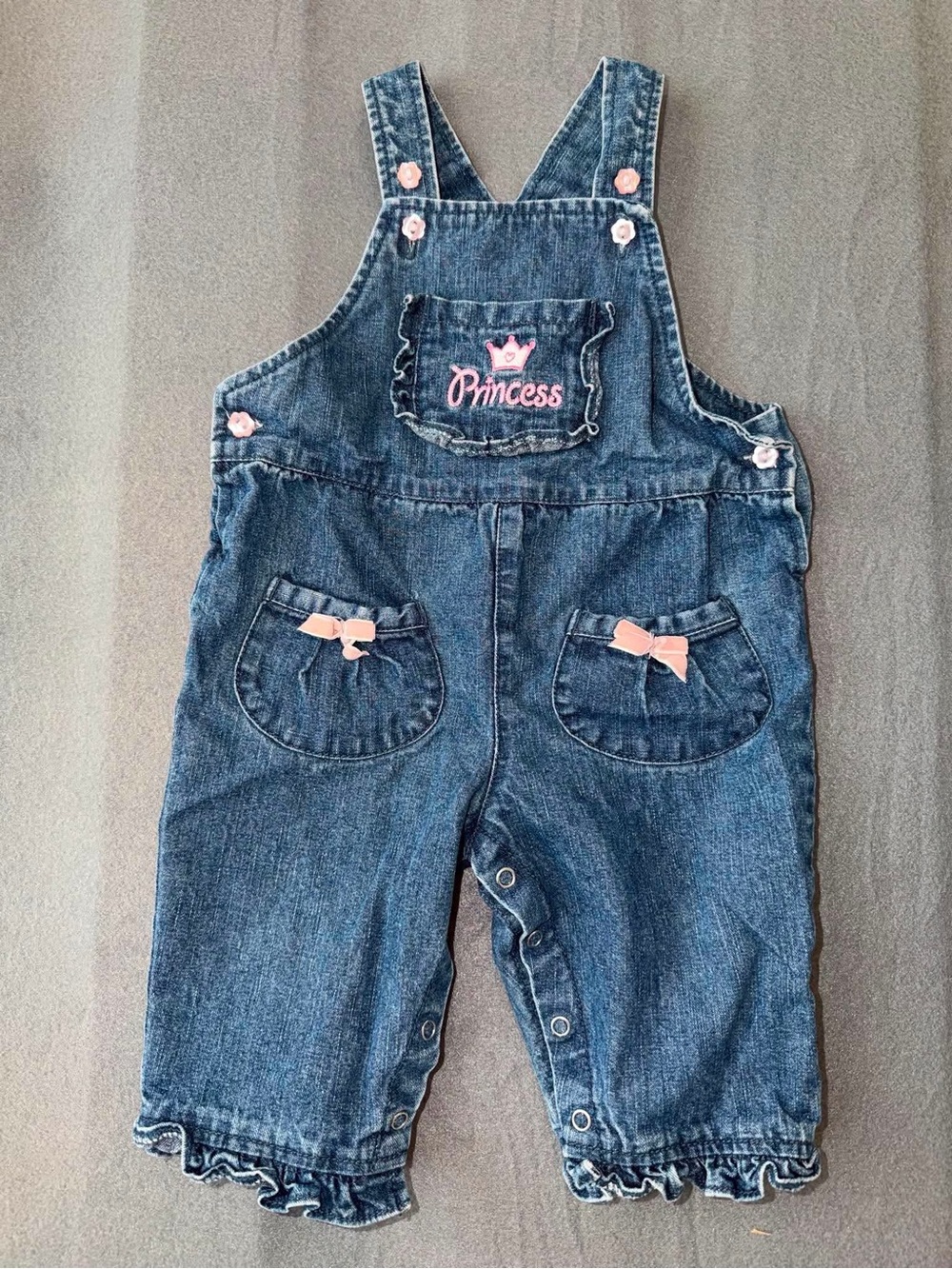 Sunshine Baby Princess Denim Overall Romper 6-9M Pink Bow